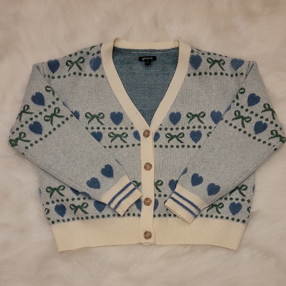 Elegant Blue and Green Heart Pattern Cardigan